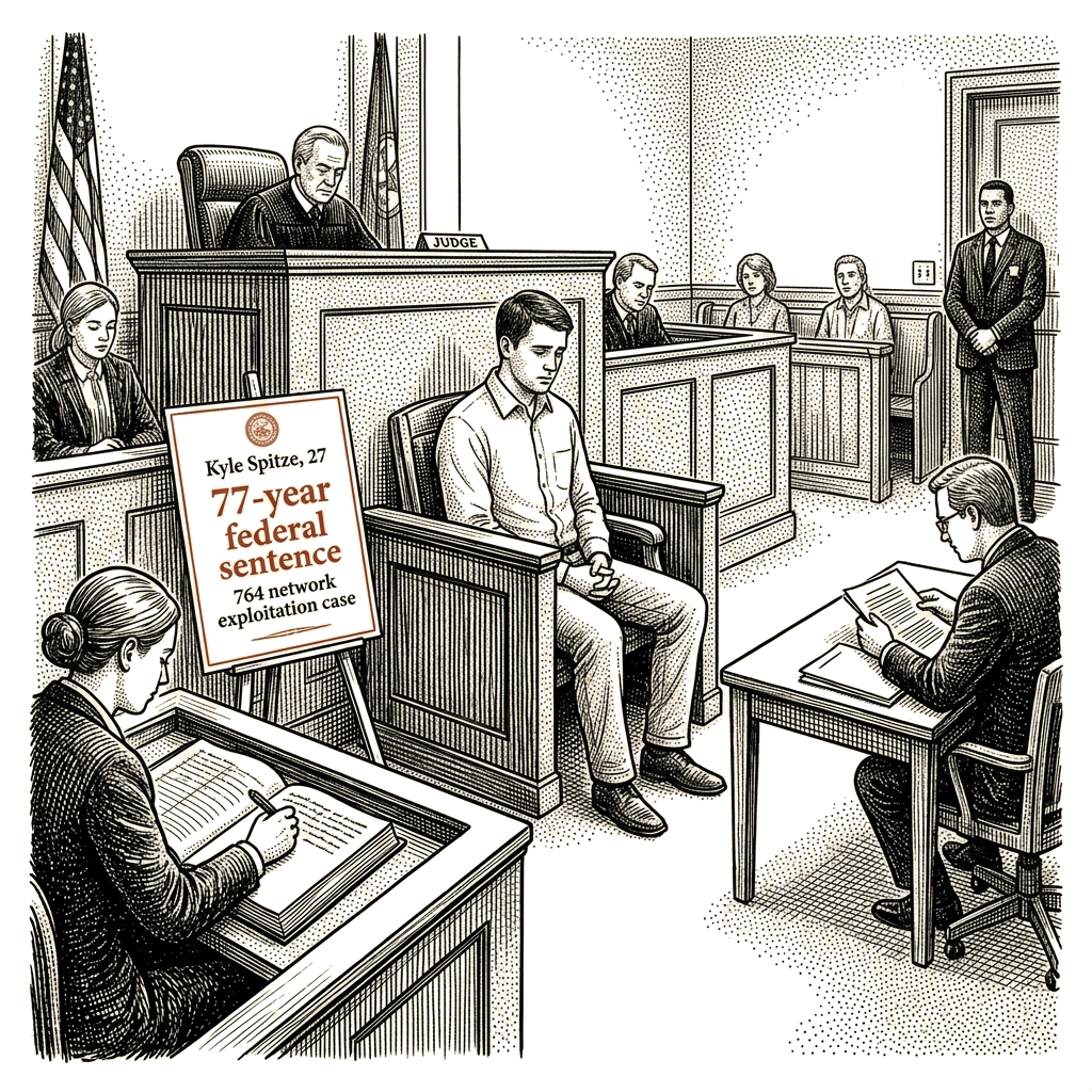 Illustration accompanying article: Kyle Spitze gets 77-year federal sentence in 764 network exploitation case