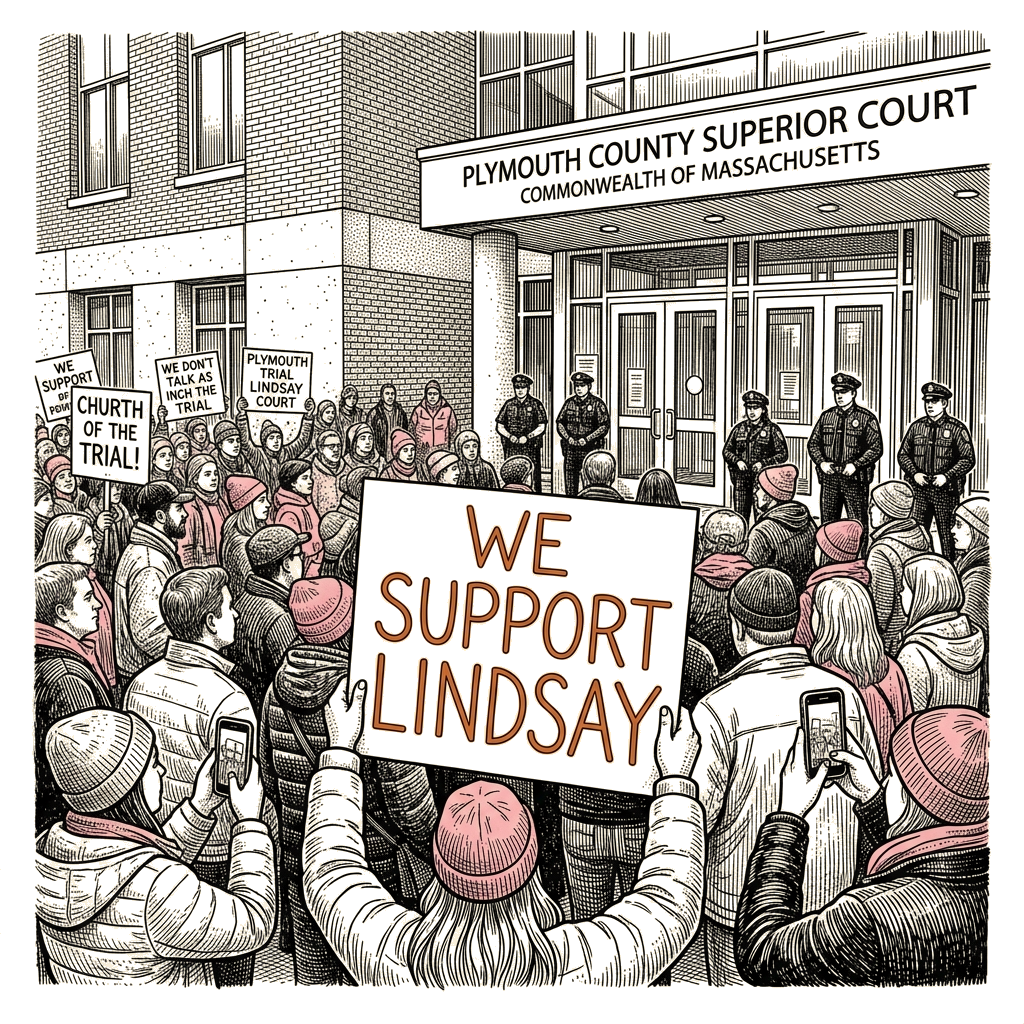 Illustration accompanying article: Livestreamed Clancy trial draws hundreds of pink-clad supporters to Plymouth courthouse