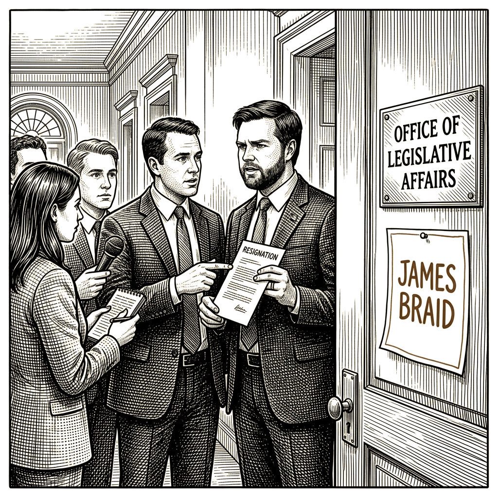 Illustration accompanying article: Vance announces White House legislative director Braid's departure