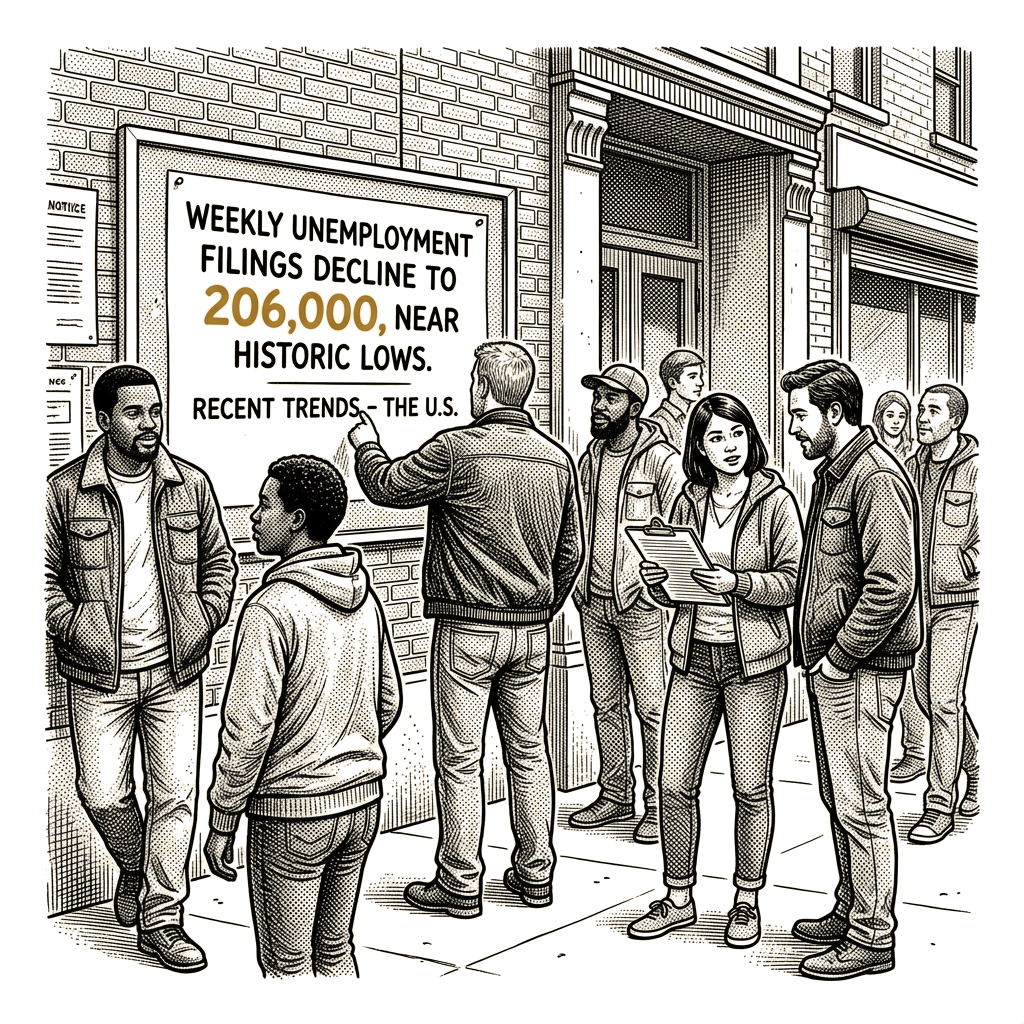 Illustration accompanying article: Weekly unemployment filings decline to 206,000, near historic lows