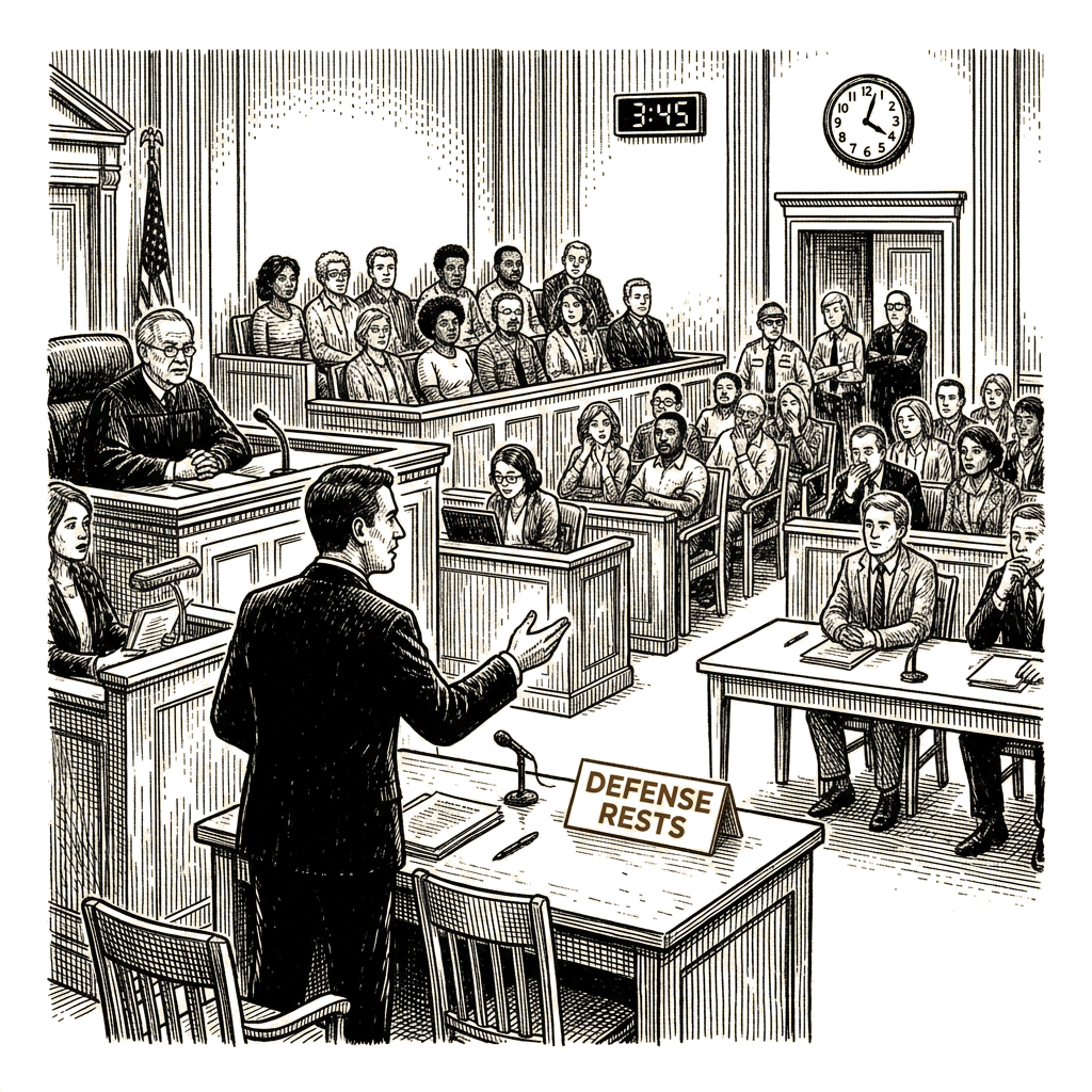Illustration accompanying article: Defense rests in Clancy murder trial as closing arguments near