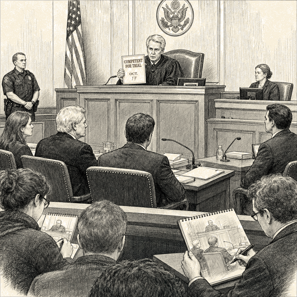 Illustration accompanying article: Judge rules former Abercrombie CEO Jeffries competent for sex-trafficking trial