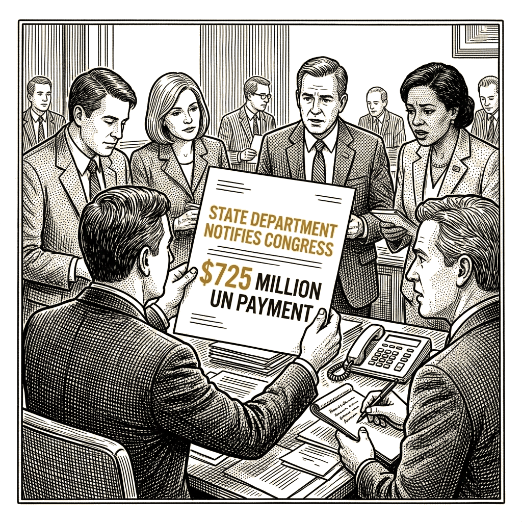 Illustration accompanying article: State Department notifies Congress of $725 million UN payment