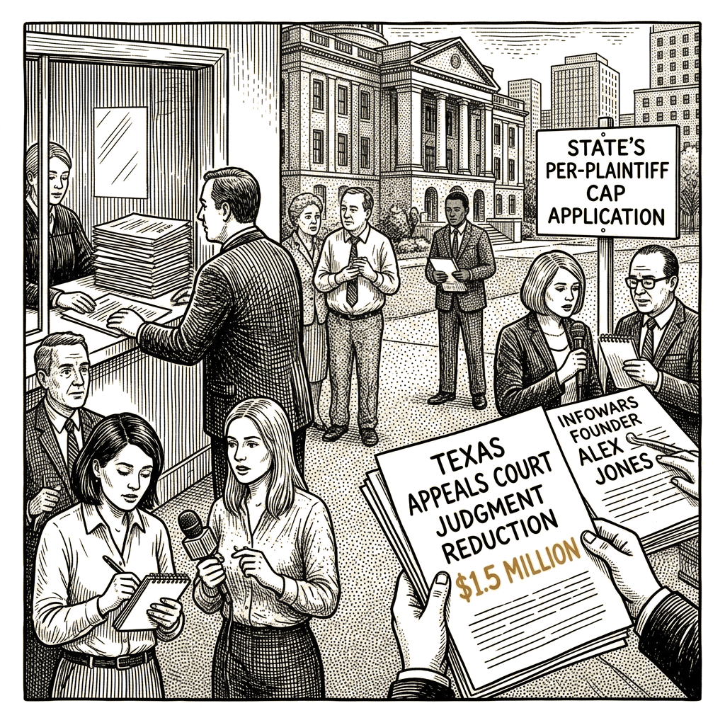 Illustration accompanying article: Texas appeals court cuts Alex Jones Sandy Hook judgment to $1.5 million