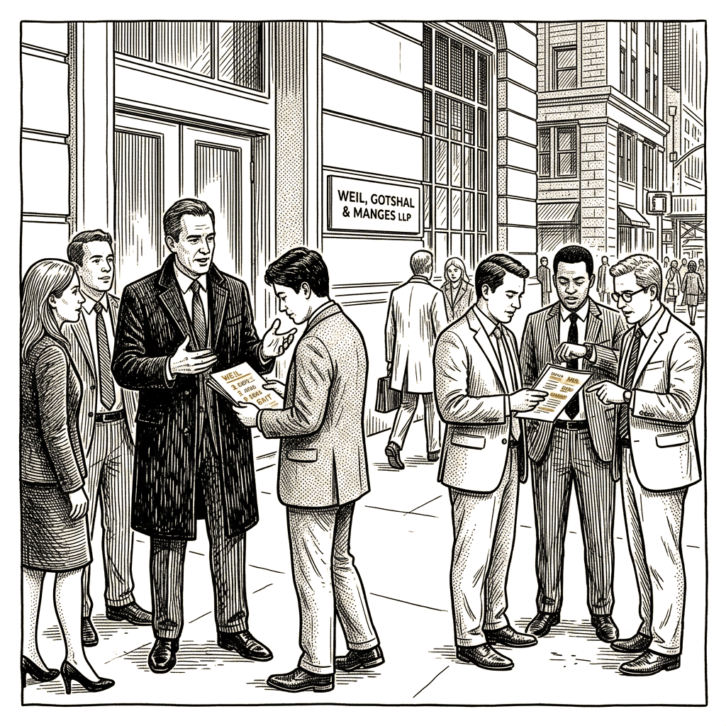 Illustration accompanying article: Two Weil Gotshal partner groups weigh exits to rivals