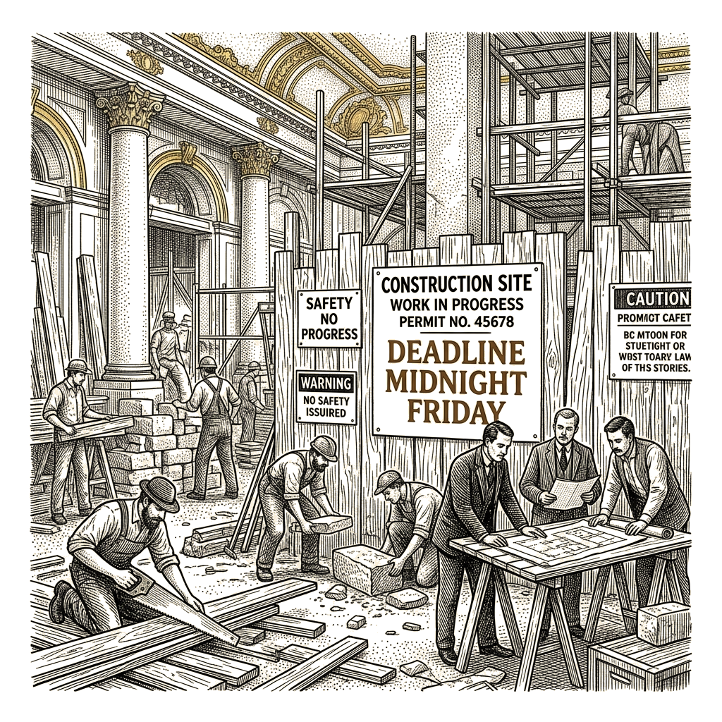 Illustration accompanying article: White House ballroom faces Friday deadline without Supreme Court ruling