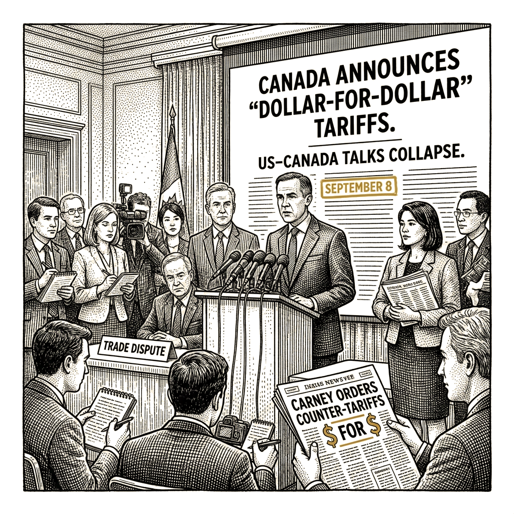 Illustration accompanying article: Carney orders dollar-for-dollar counter-tariffs as US-Canada talks collapse