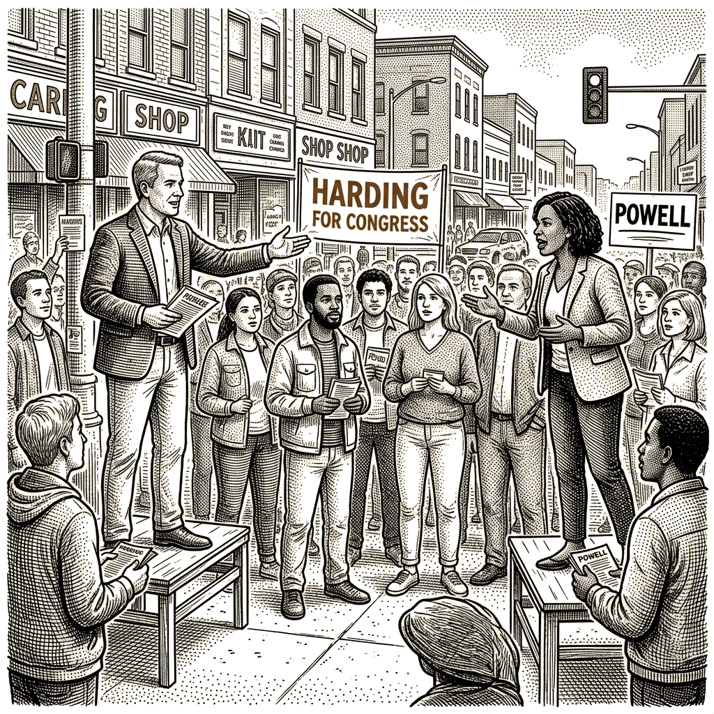 Illustration accompanying article: Harding and Powell compete for Nebraska's open House seat