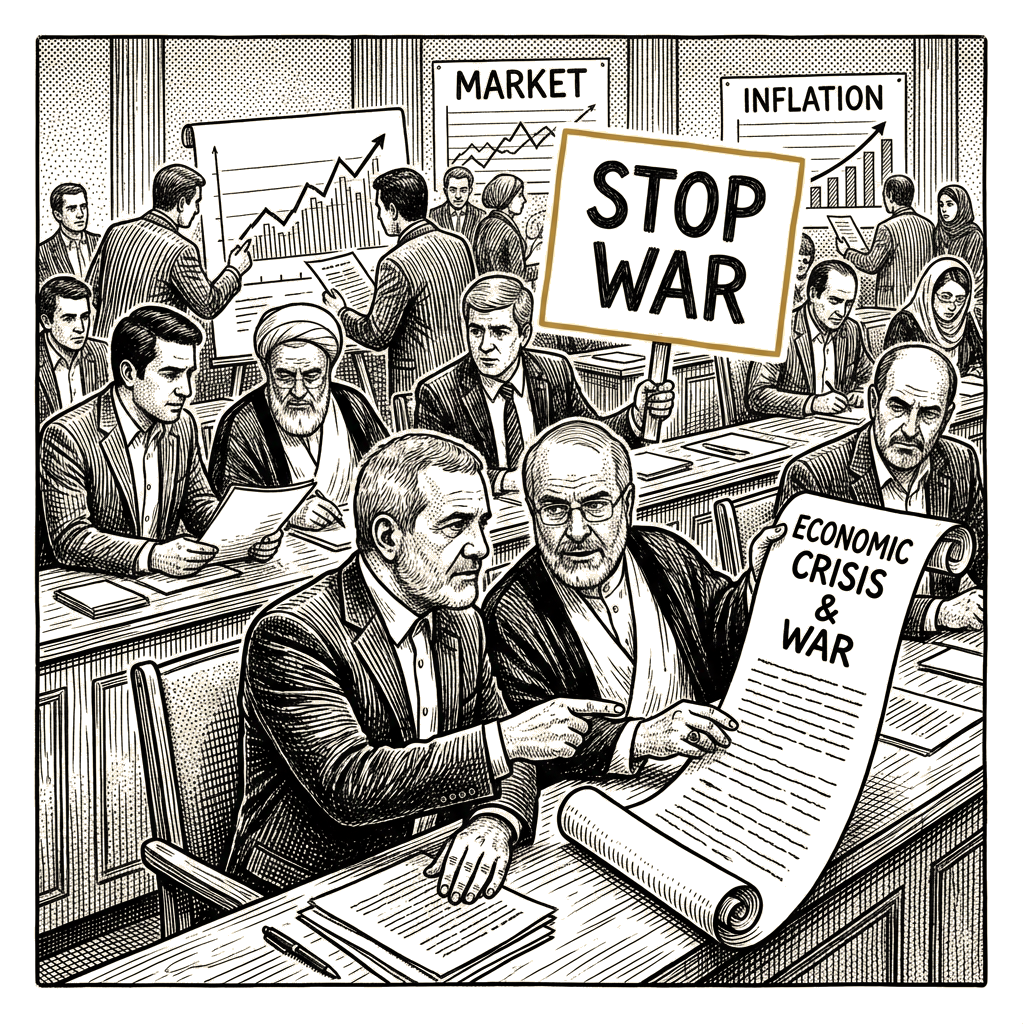 Illustration accompanying article: Iran's top politicians urge end to war as economy crumbles