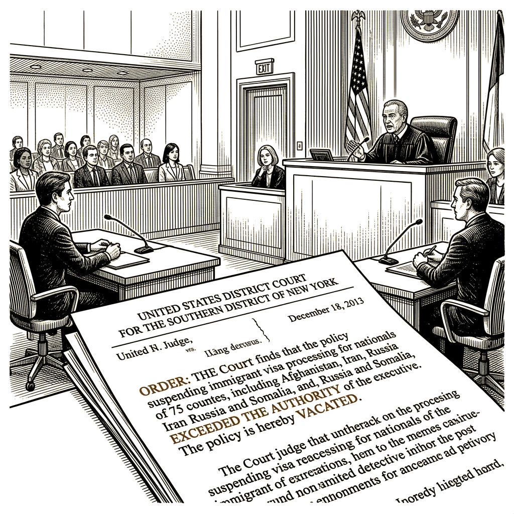 Illustration accompanying article: Vargas rules Rubio exceeded authority suspending immigrant visa processing