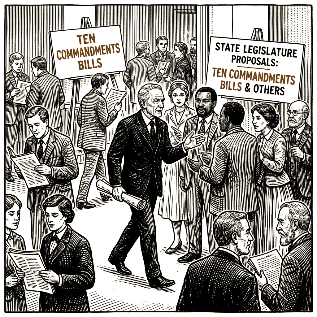 Illustration accompanying article: Barton and WallBuilders push Ten Commandments bills in more than a dozen