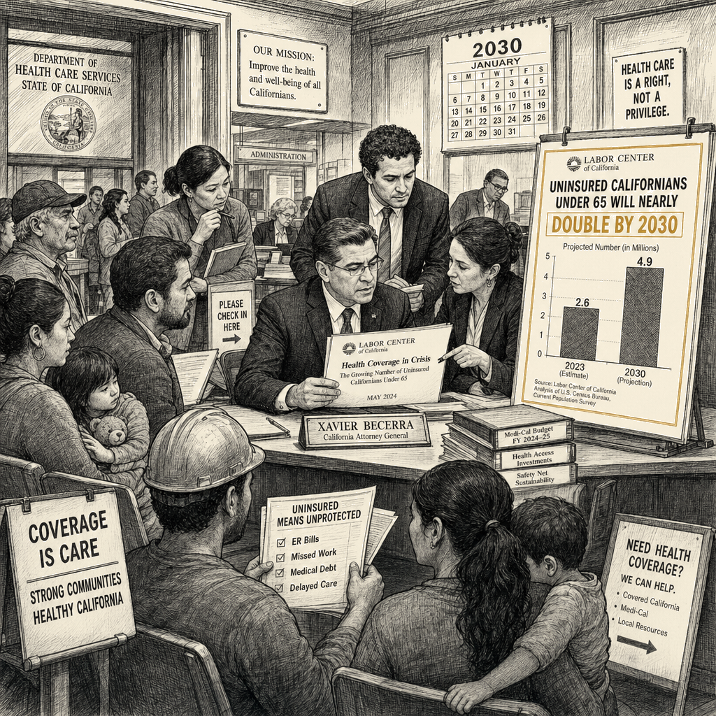 Illustration accompanying article: Becerra faces projected doubling of uninsured Californians by 2030