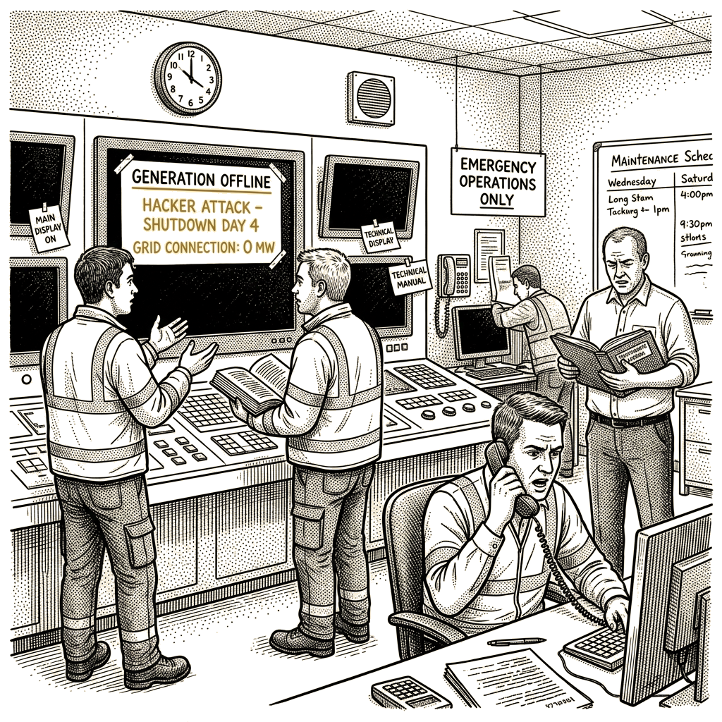 Illustration accompanying article: Cyberattack shuts down a small UK generator for four days