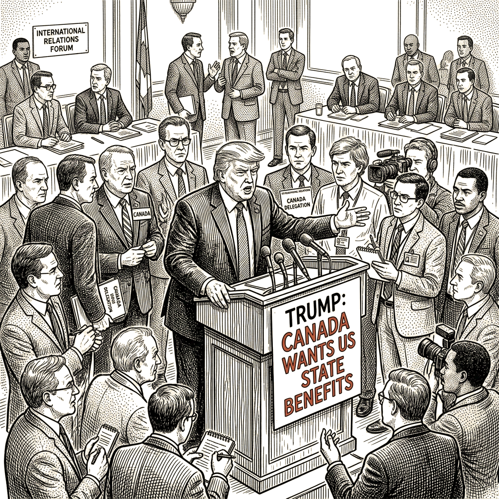 Illustration accompanying article: Trump accuses Canada of wanting US state benefits without statehood