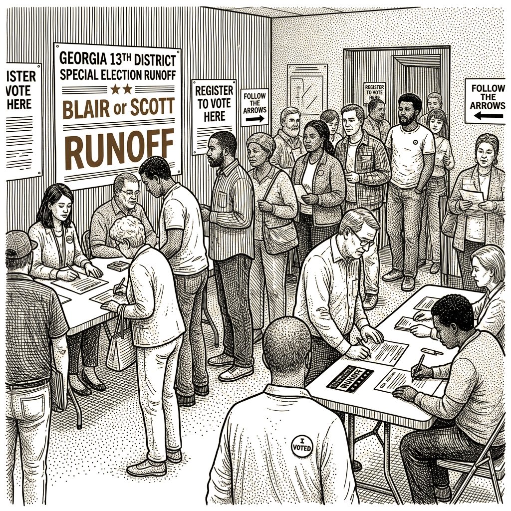 Illustration accompanying article: Georgia 13th District Democrats face runoff for late David Scott's seat