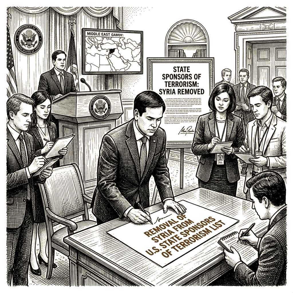 Illustration accompanying article: Rubio removes Syria from U.S. state sponsors of terrorism list