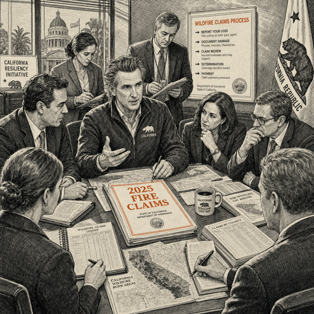 Illustration accompanying article: SCE faces 2025 fire claims as Newsom brokers California wildfire deal