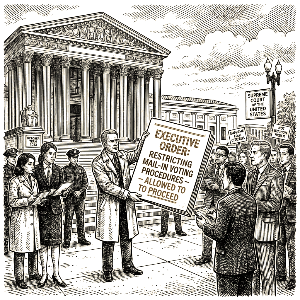 Illustration accompanying article: Supreme Court declines to block Trump mail-in voting order ahead of midterms