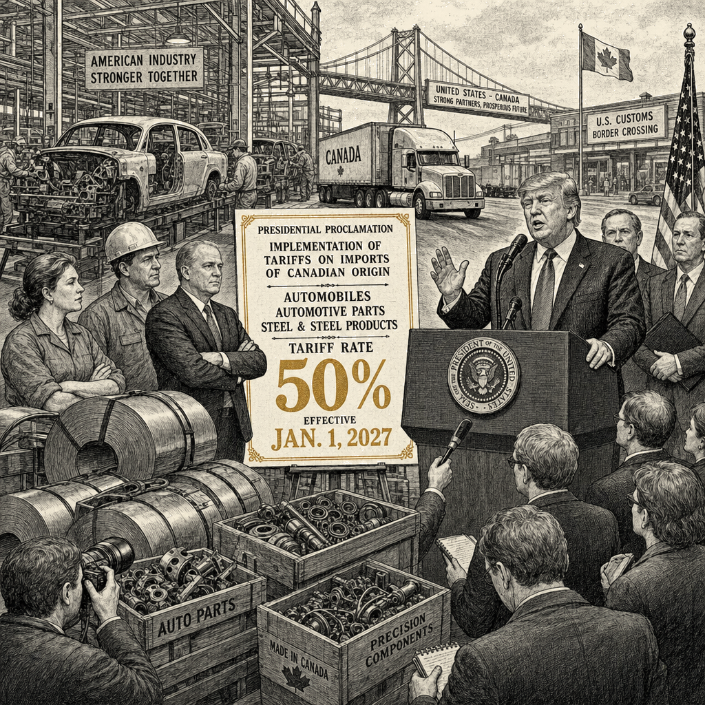 Illustration accompanying article: Trump sets Jan. 1, 2027 start for 50% tariffs on Canadian vehicles, parts and steel