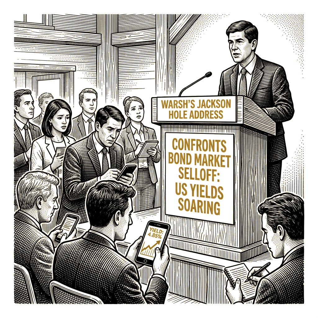 Illustration accompanying article: Warsh's Jackson Hole address as Fed chair confronts bond market selloff
