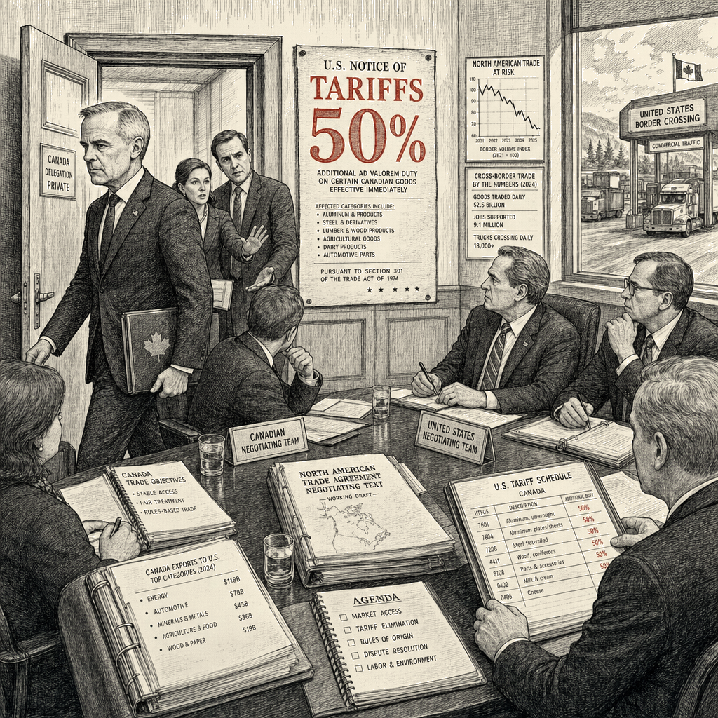 Illustration accompanying article: Carney says Canada was 'attacked' as trade talks collapse