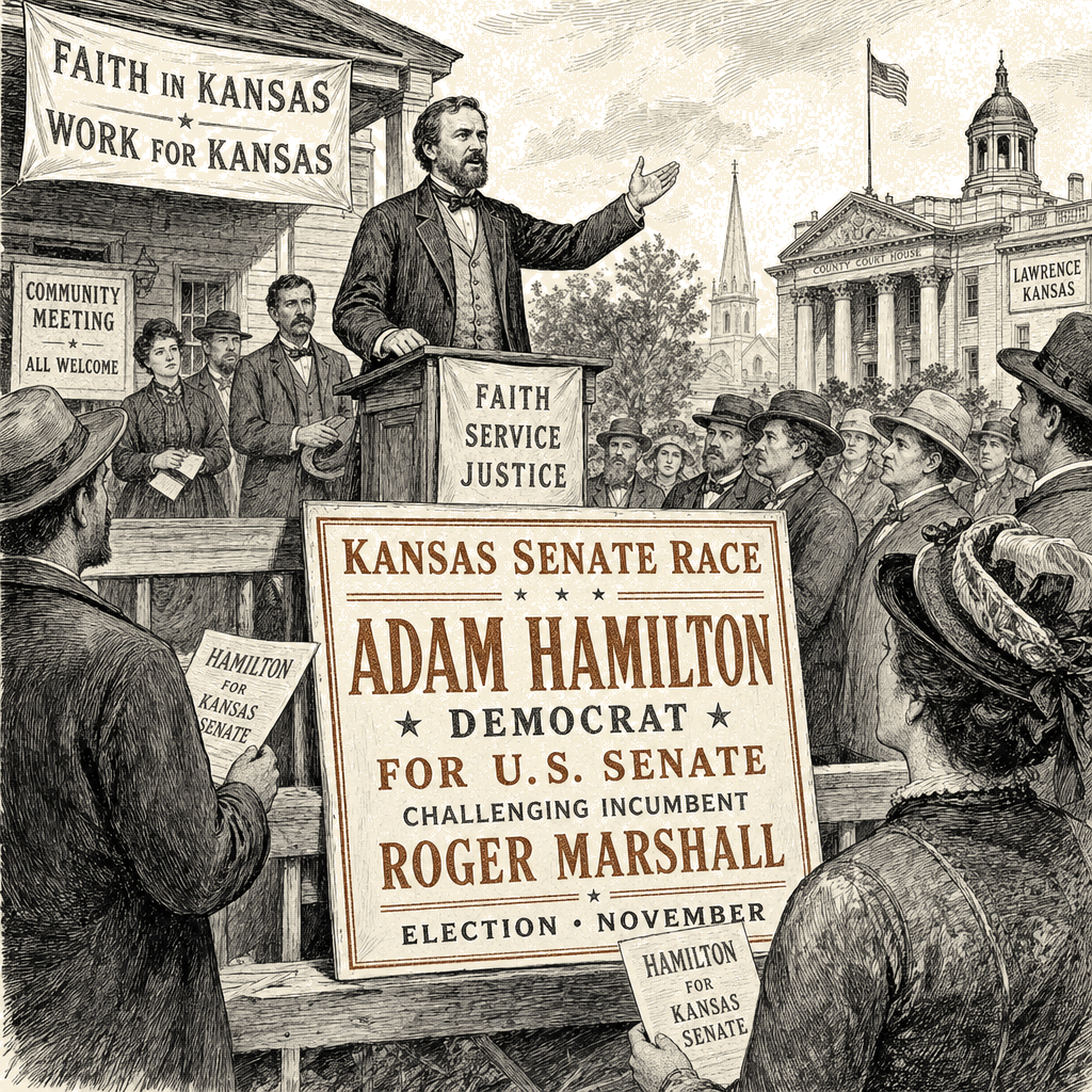 Illustration accompanying article: Democrat Adam Hamilton targets Roger Marshall in Kansas Senate race