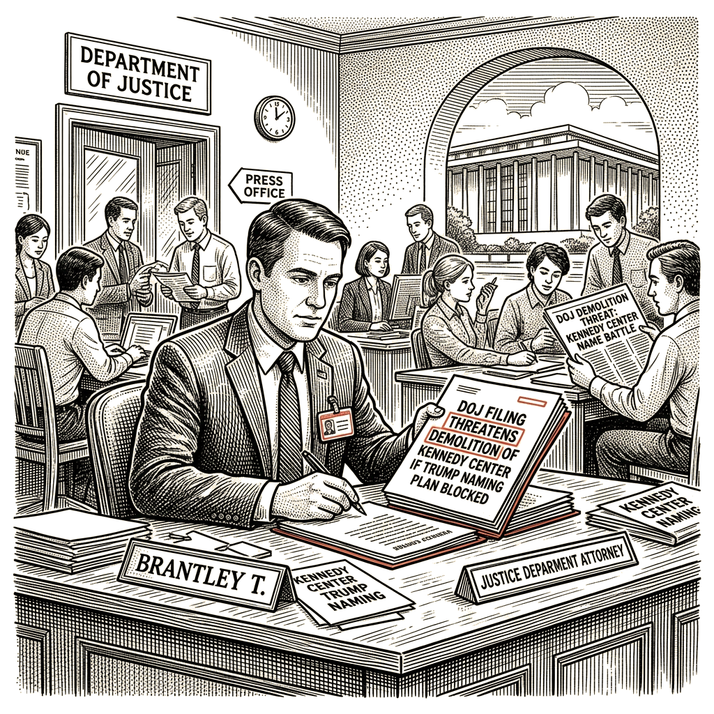 Illustration accompanying article: DOJ filing threatens demolition of Kennedy Center if Trump naming plan blocked