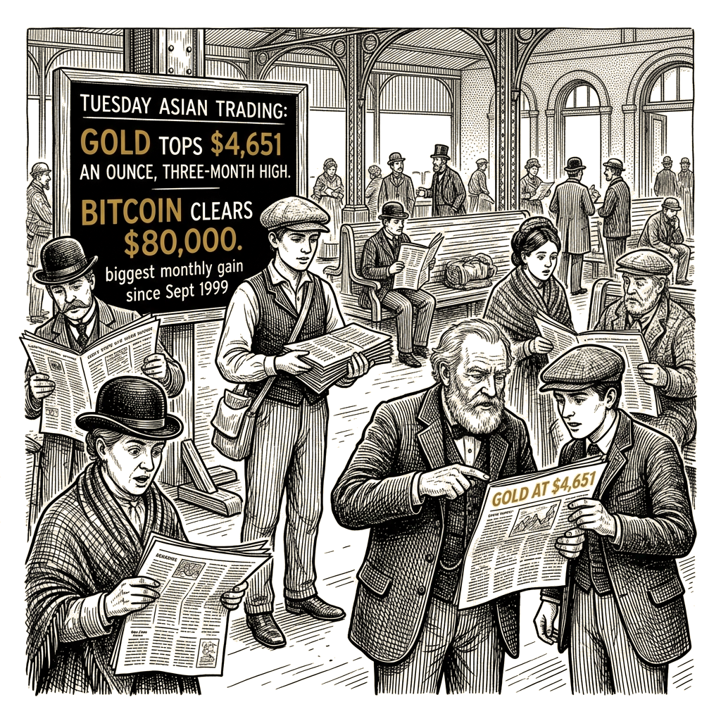 Illustration accompanying article: Gold tops $4,651 an ounce at three-month high; bitcoin clears $80,000