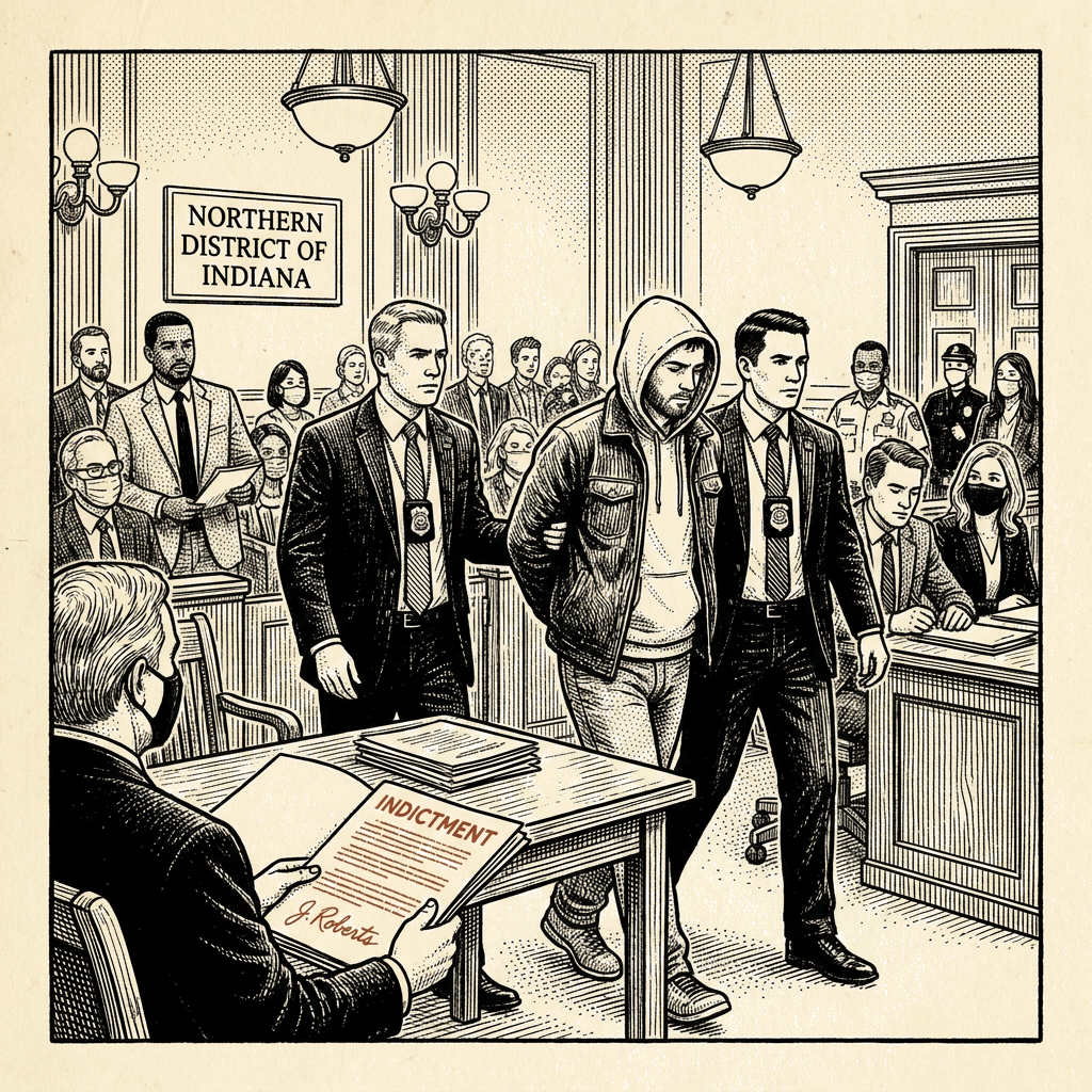 Illustration accompanying article: Indiana man indicted for forging Chief Justice Roberts' signature, impersonating federal…