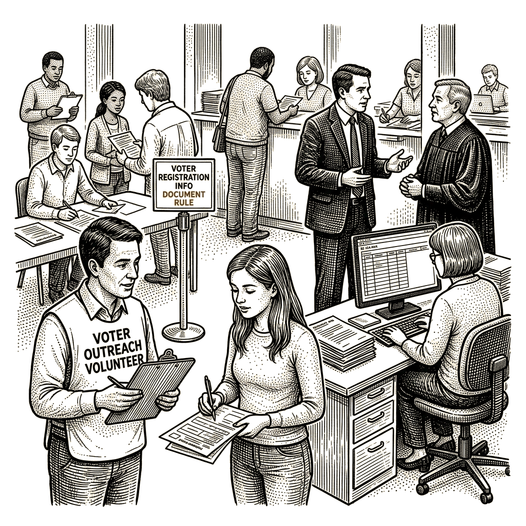 Illustration accompanying article: Judge suspends Ohio voter registration document rule before midterms