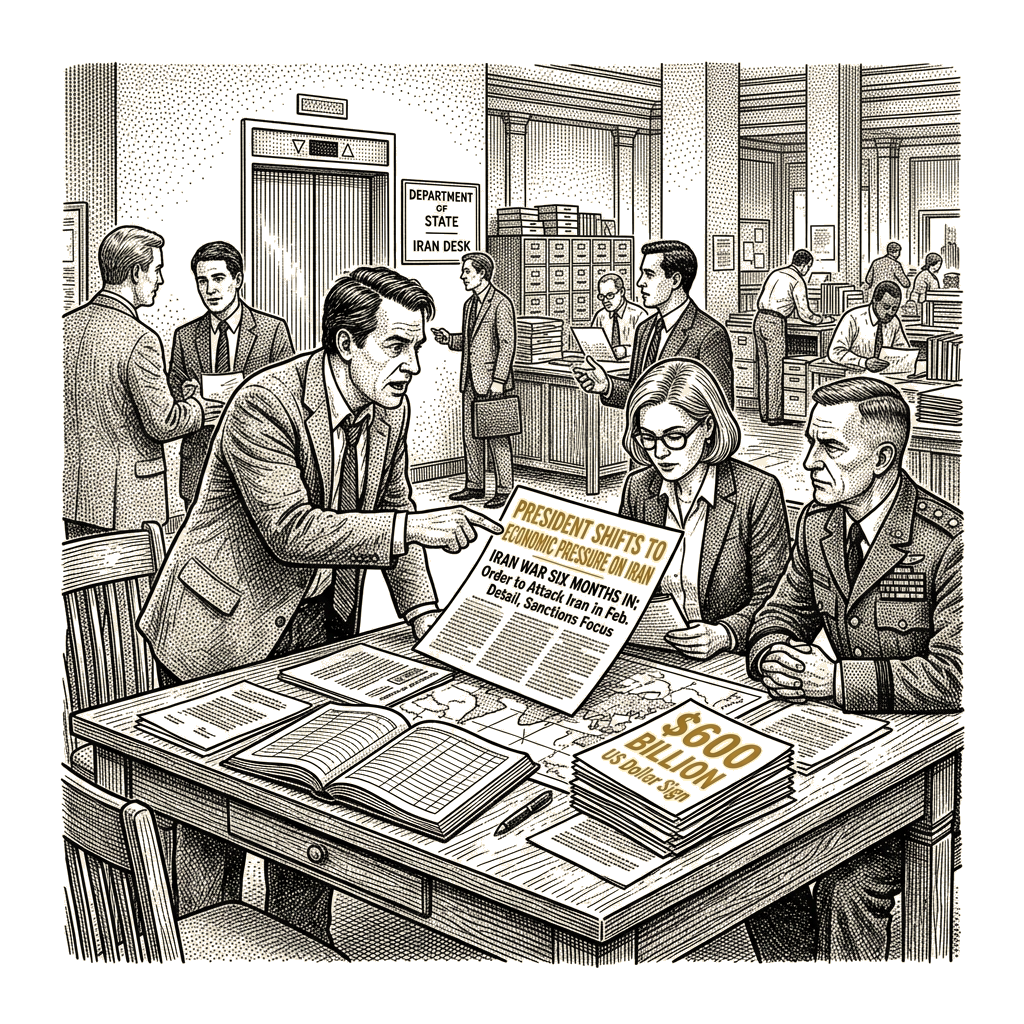 Illustration accompanying article: Six months into Iran war, Trump shifts to economic pressure campaign