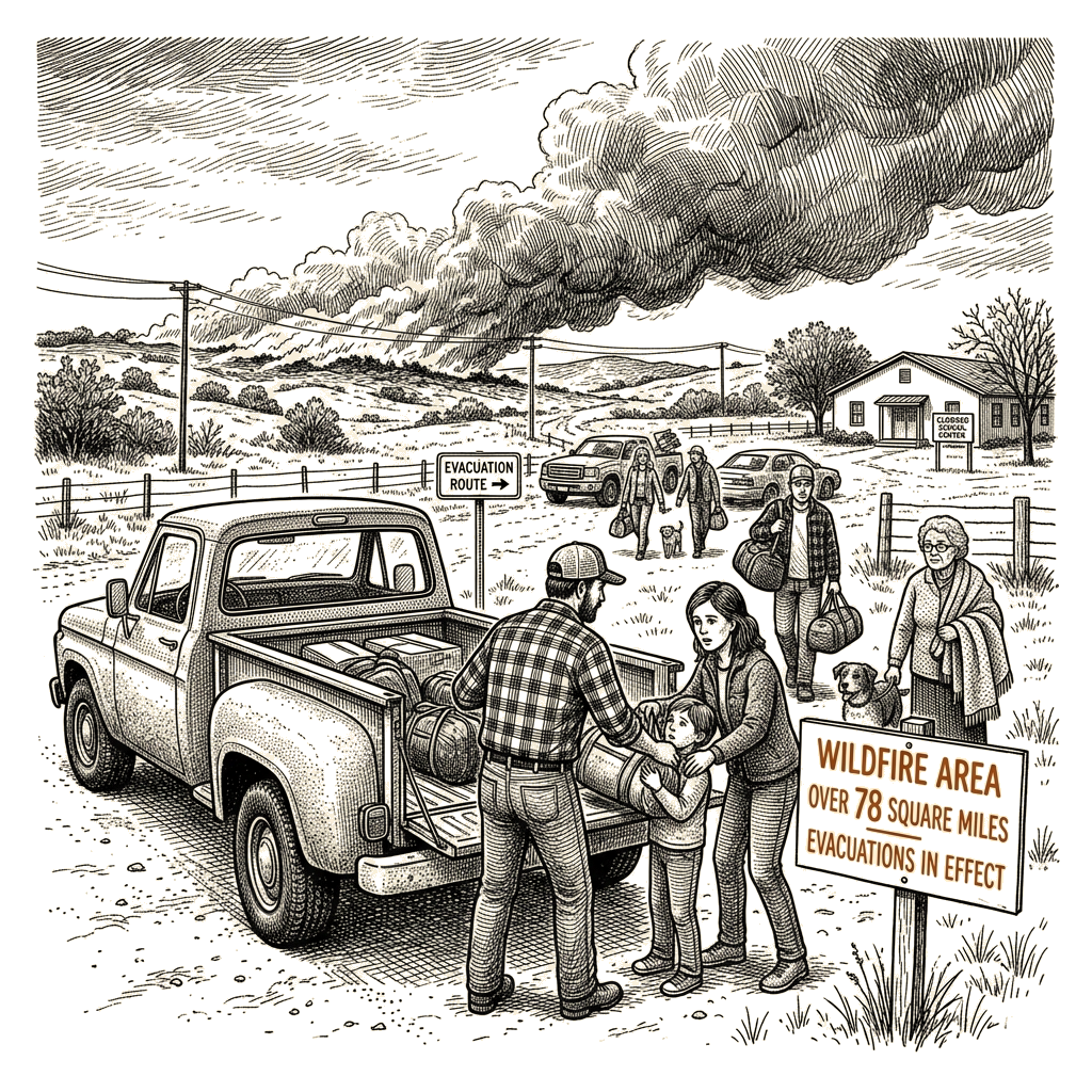 Illustration accompanying article: Texas wildfire balloons past 78 square miles, forcing evacuations