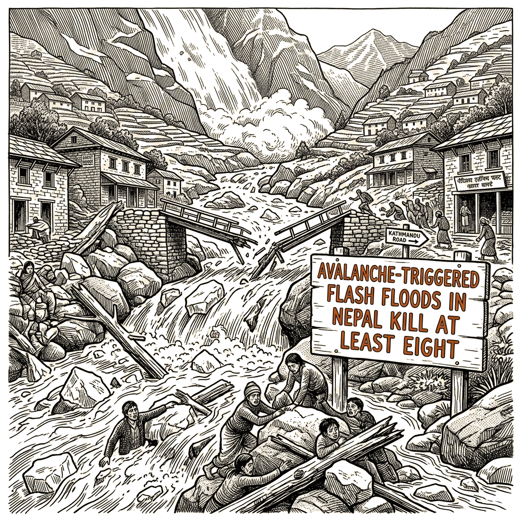 Illustration accompanying article: Avalanche-triggered flash floods in Nepal kill at least eight