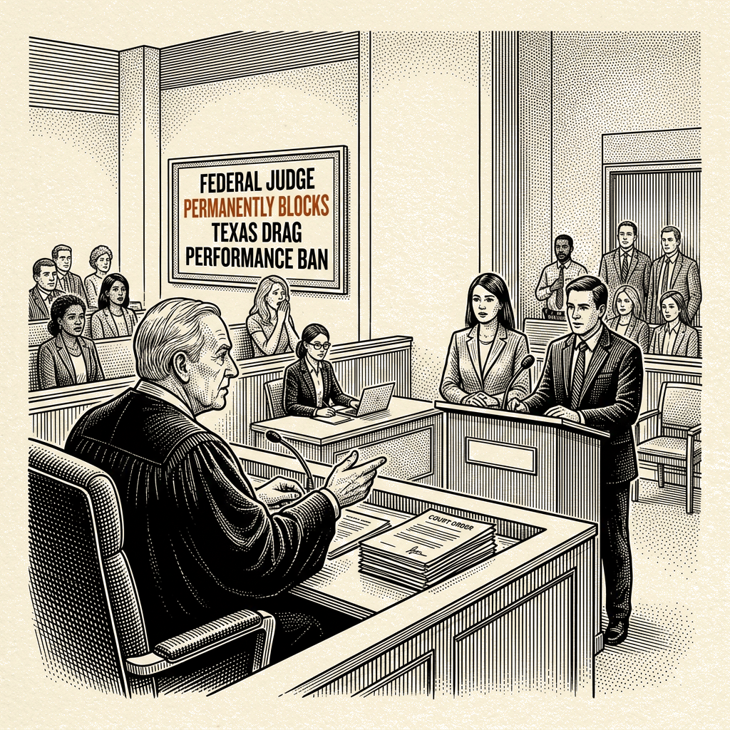 Illustration accompanying article: Federal judge permanently blocks Texas drag performance ban