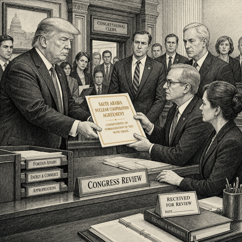 Illustration accompanying article: Trump submits Saudi nuclear agreement to Congress, conditioned on Israel ties