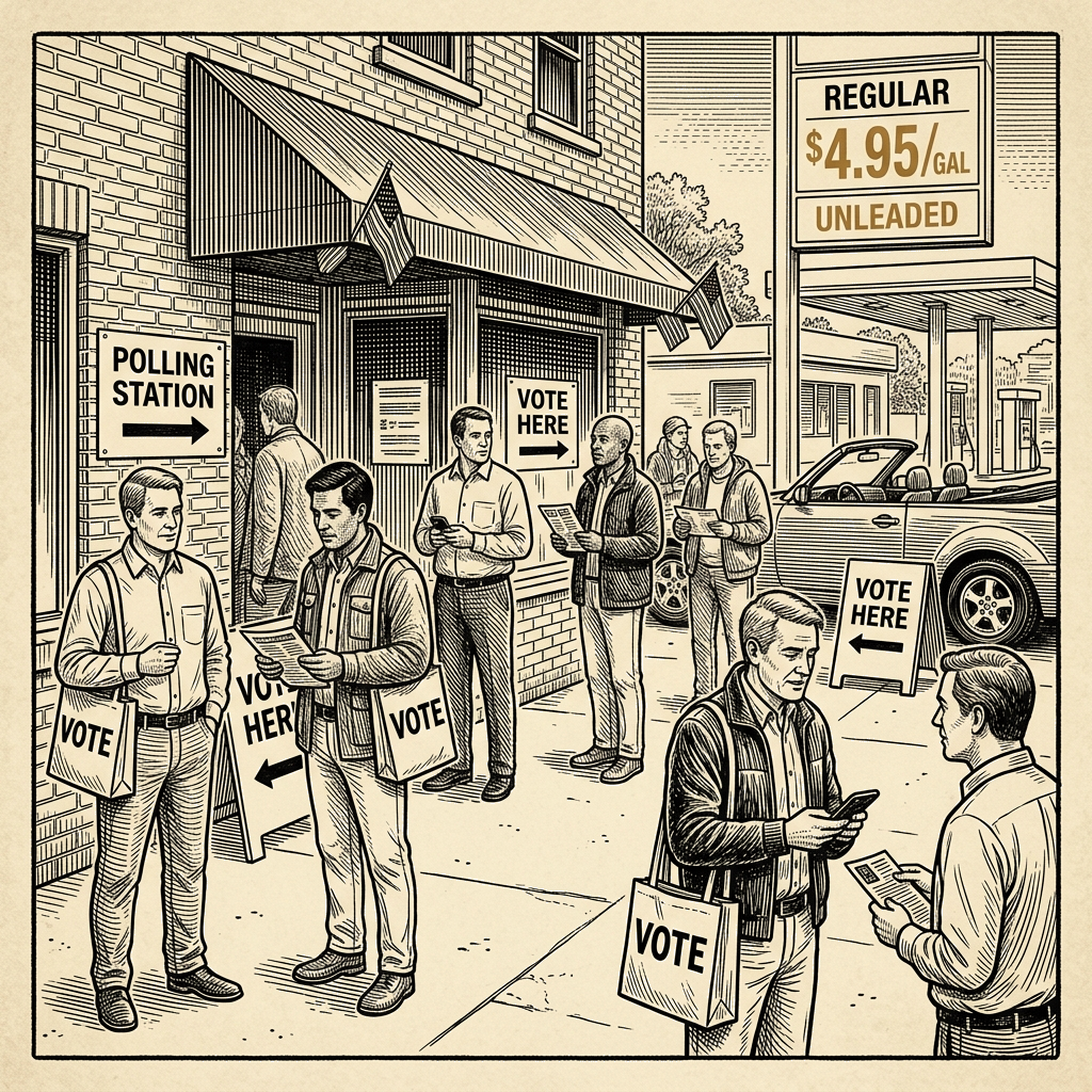 Illustration accompanying article: Iran war at six months looms over House races as gas prices climb