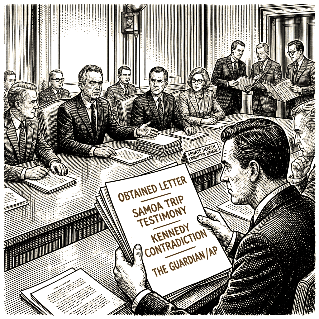Illustration accompanying article: Obtained letter contradicts Kennedy's Senate testimony on Samoa trip