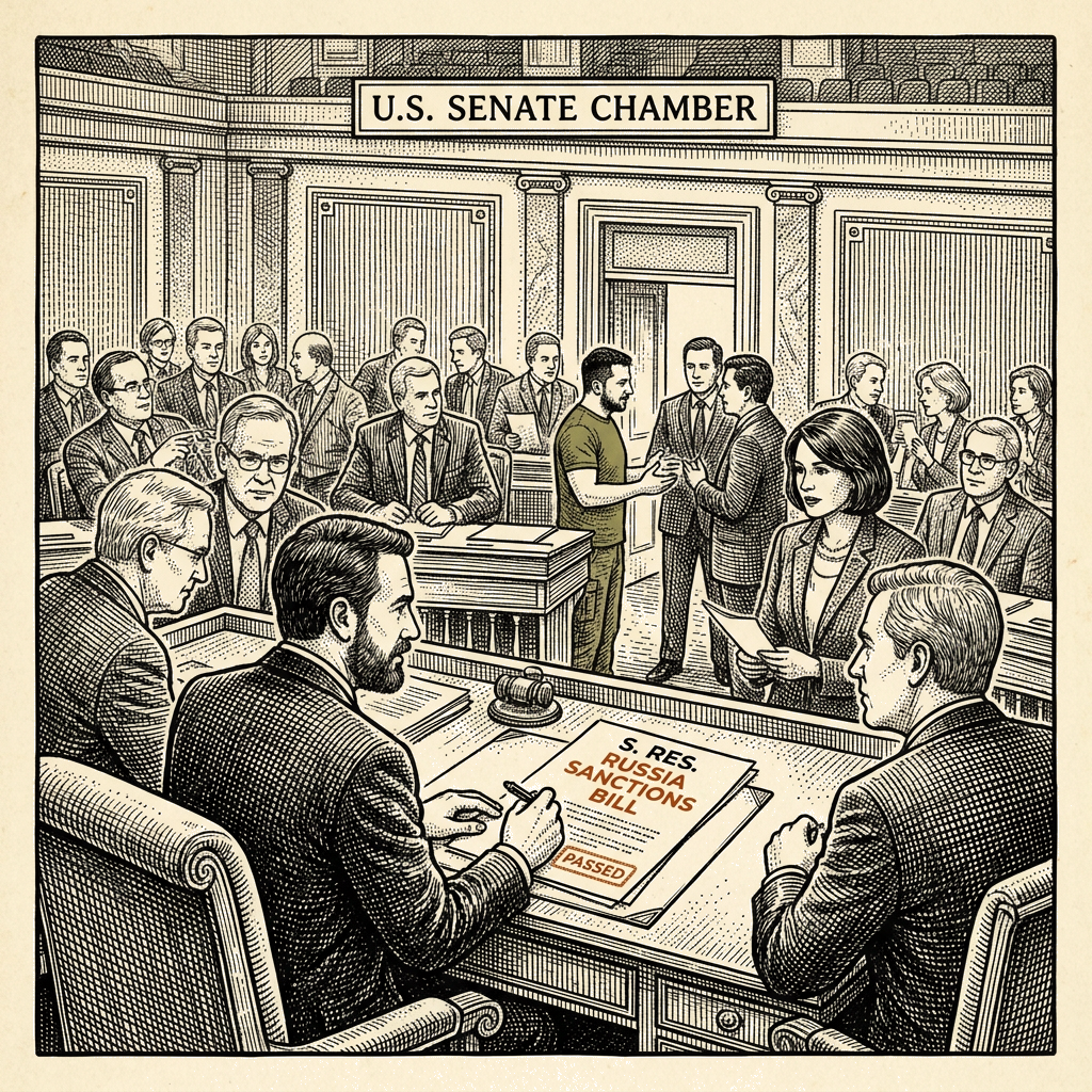 Illustration accompanying article: Senate passes Graham's Russia sanctions bill after Zelenskyy's Capitol visit