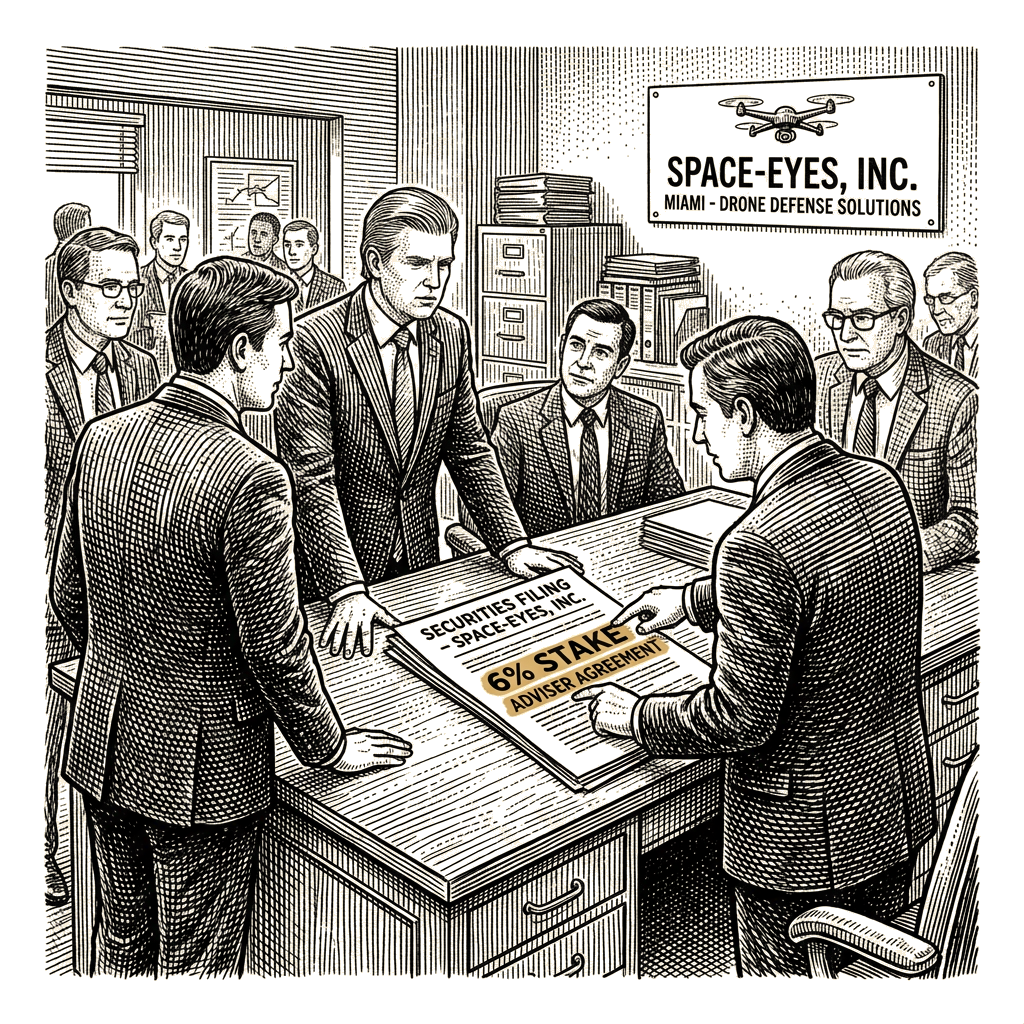 Illustration accompanying article: Space-Eyes gave Eric Trump a 6% stake to access his contacts, filing shows