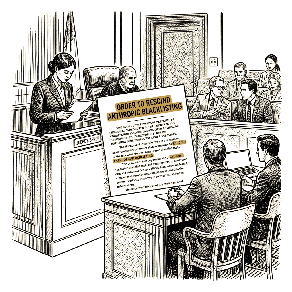 Illustration accompanying article: Federal judge orders Trump administration to rescind Anthropic blacklisting