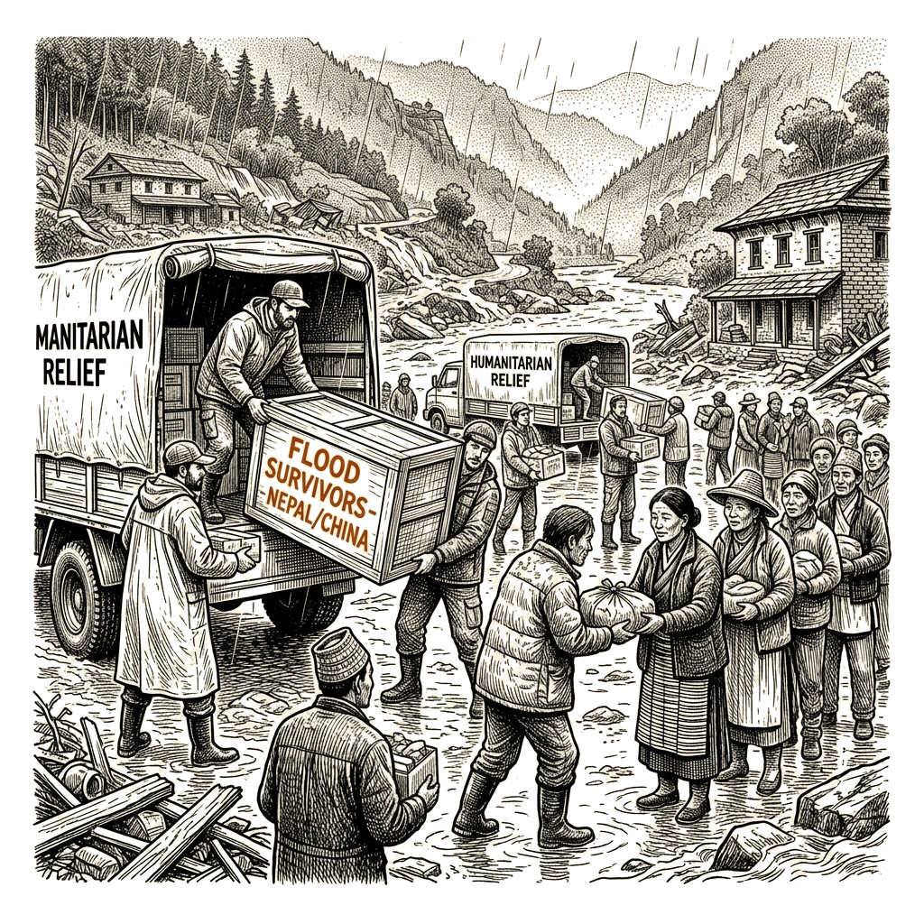 Illustration accompanying article: Humanitarian groups mobilize for Nepal-China border flood survivors
