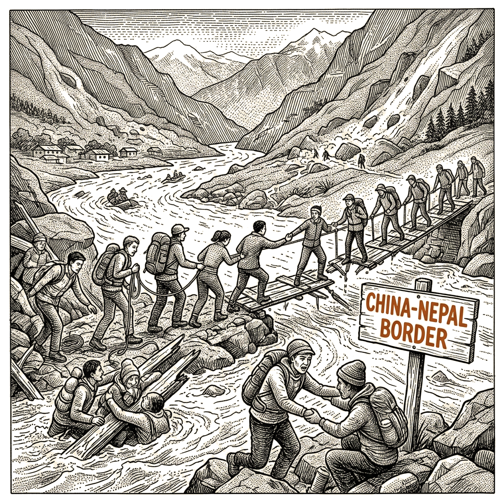 Illustration accompanying article: Isha Foundation loses contact with 77 trekkers in Nepal flood