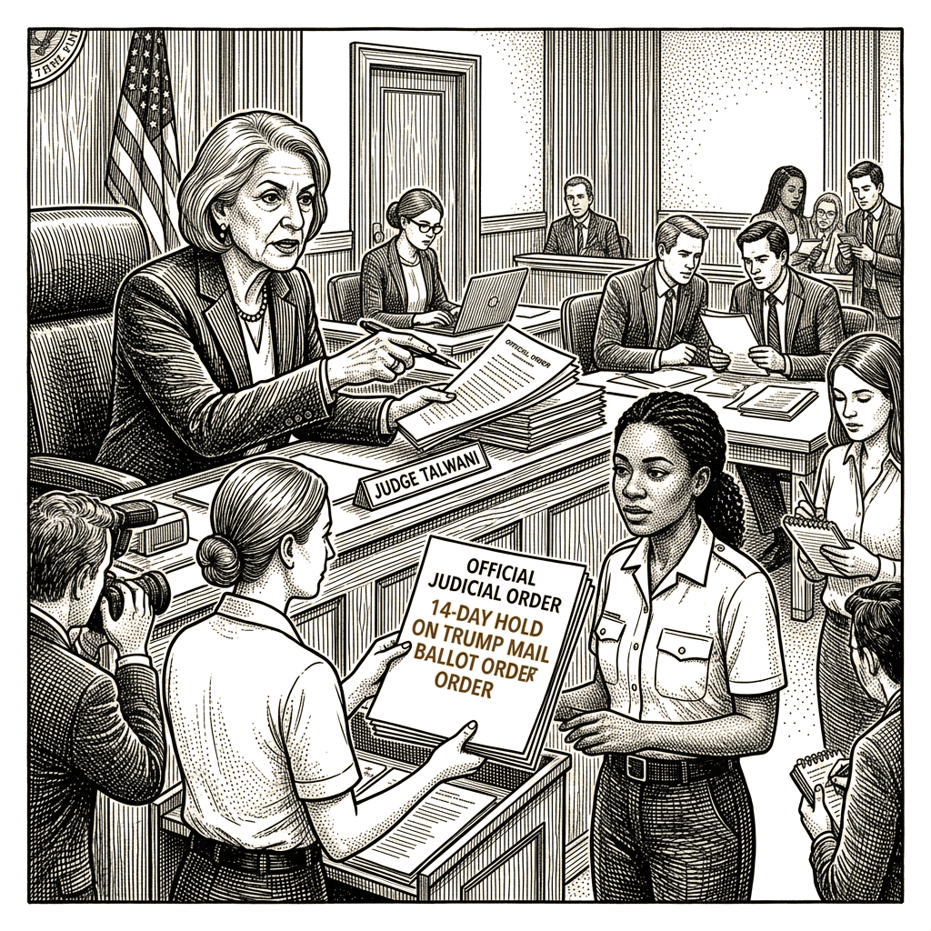 Illustration accompanying article: Judge Talwani issues 14-day hold on Trump mail ballot order
