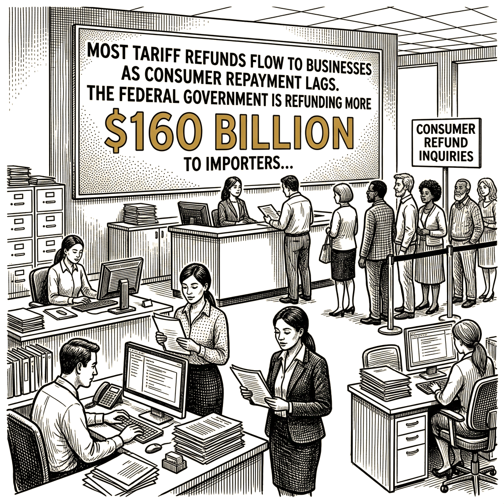 Illustration accompanying article: Most tariff refunds flow to businesses as consumer repayment lags