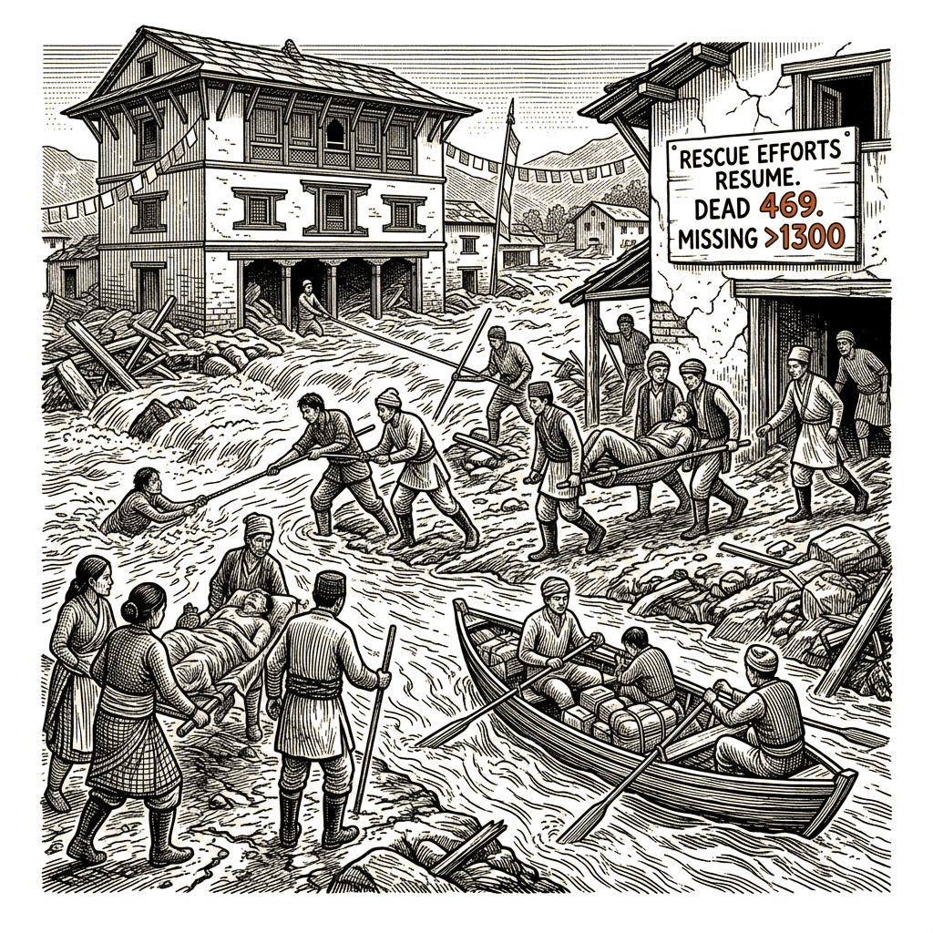 Illustration accompanying article: Rescue efforts resume as Nepal-Tibet flood death toll reaches 469