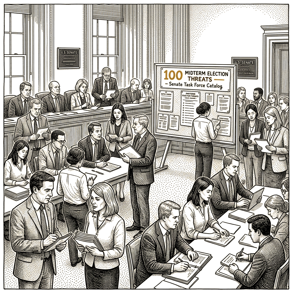 Illustration accompanying article: Senate Democratic task force catalogs 100 midterm election threats