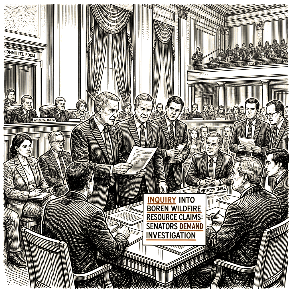 Illustration accompanying article: Three senators demand inquiry into Boren wildfire resource claims