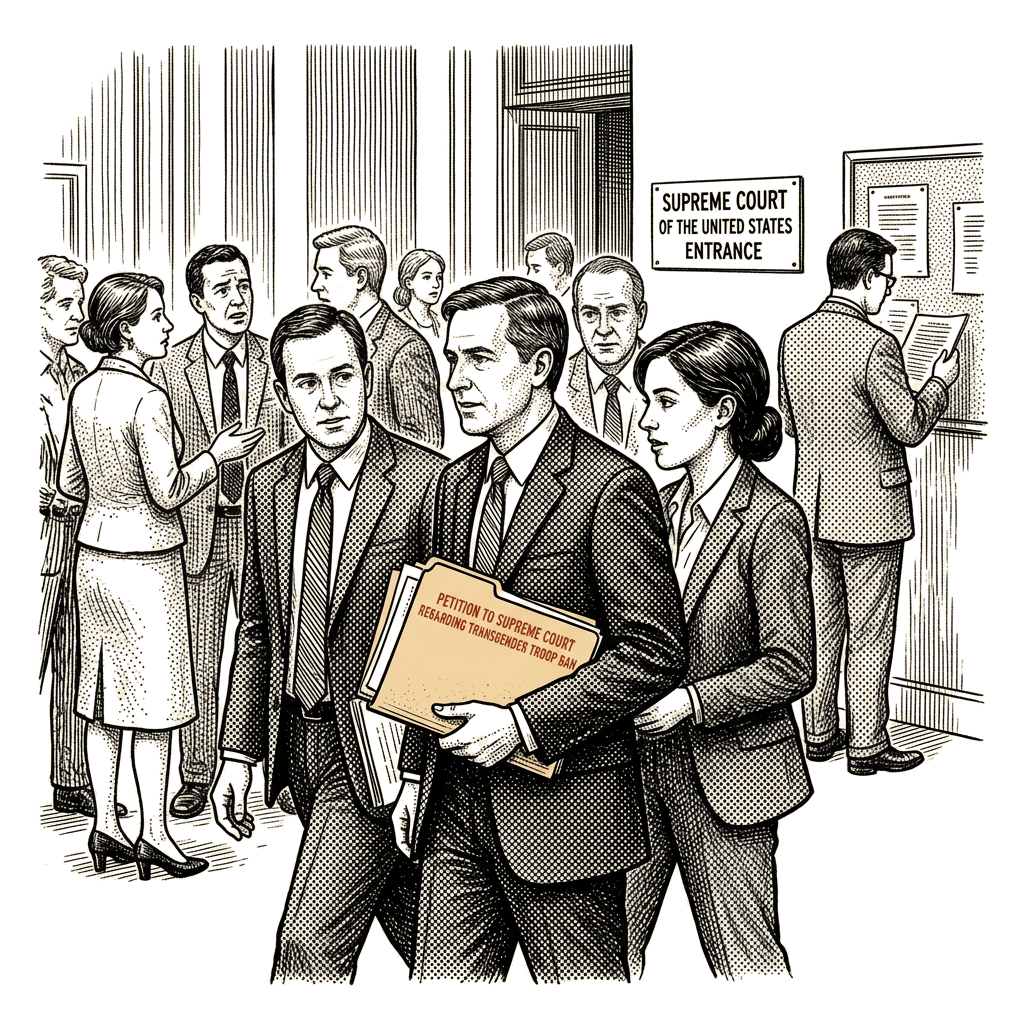 Illustration accompanying article: Trump administration asks Supreme Court to allow Pentagon transgender troop ban