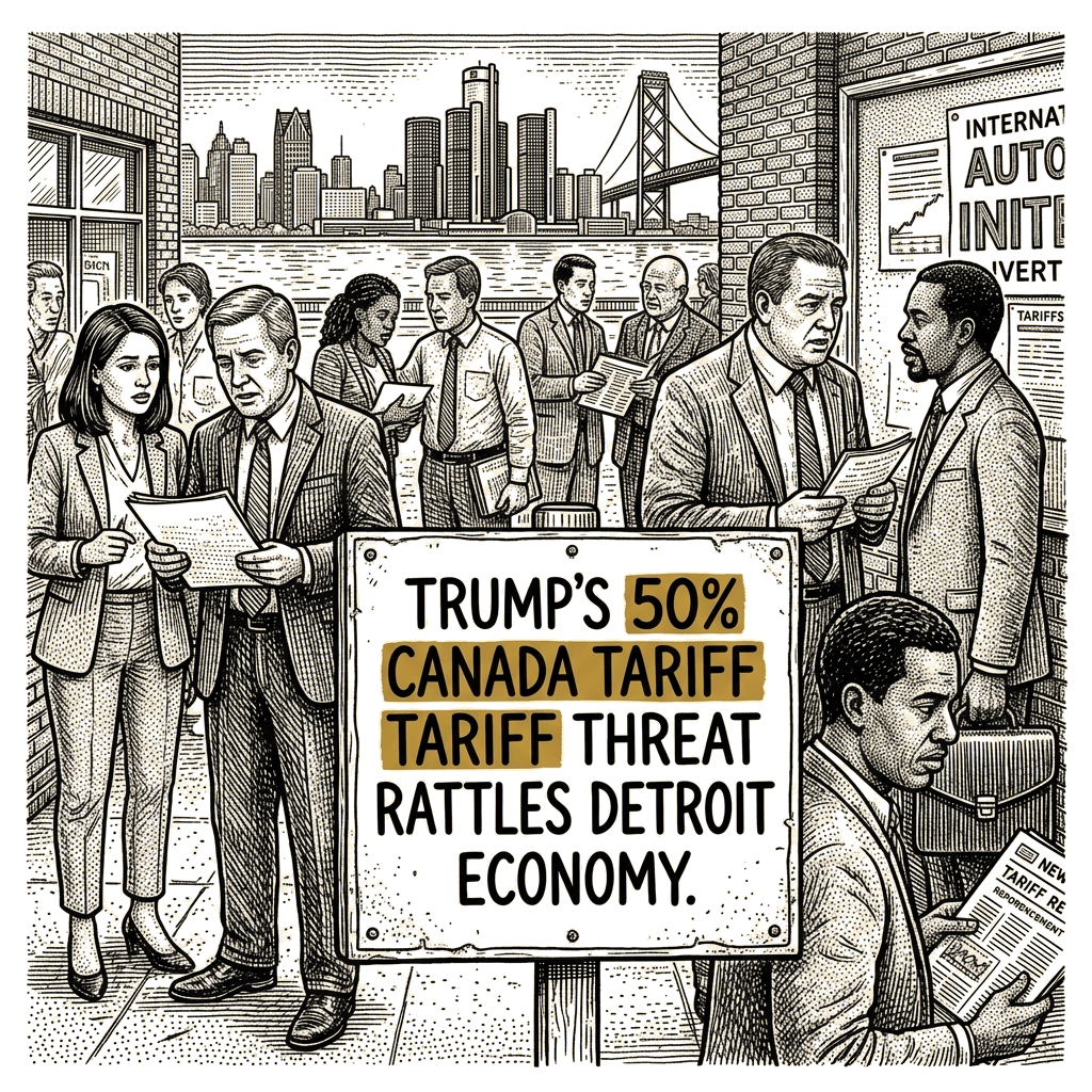 Illustration accompanying article: Trump's 50% Canada tariff threat rattles Detroit economy