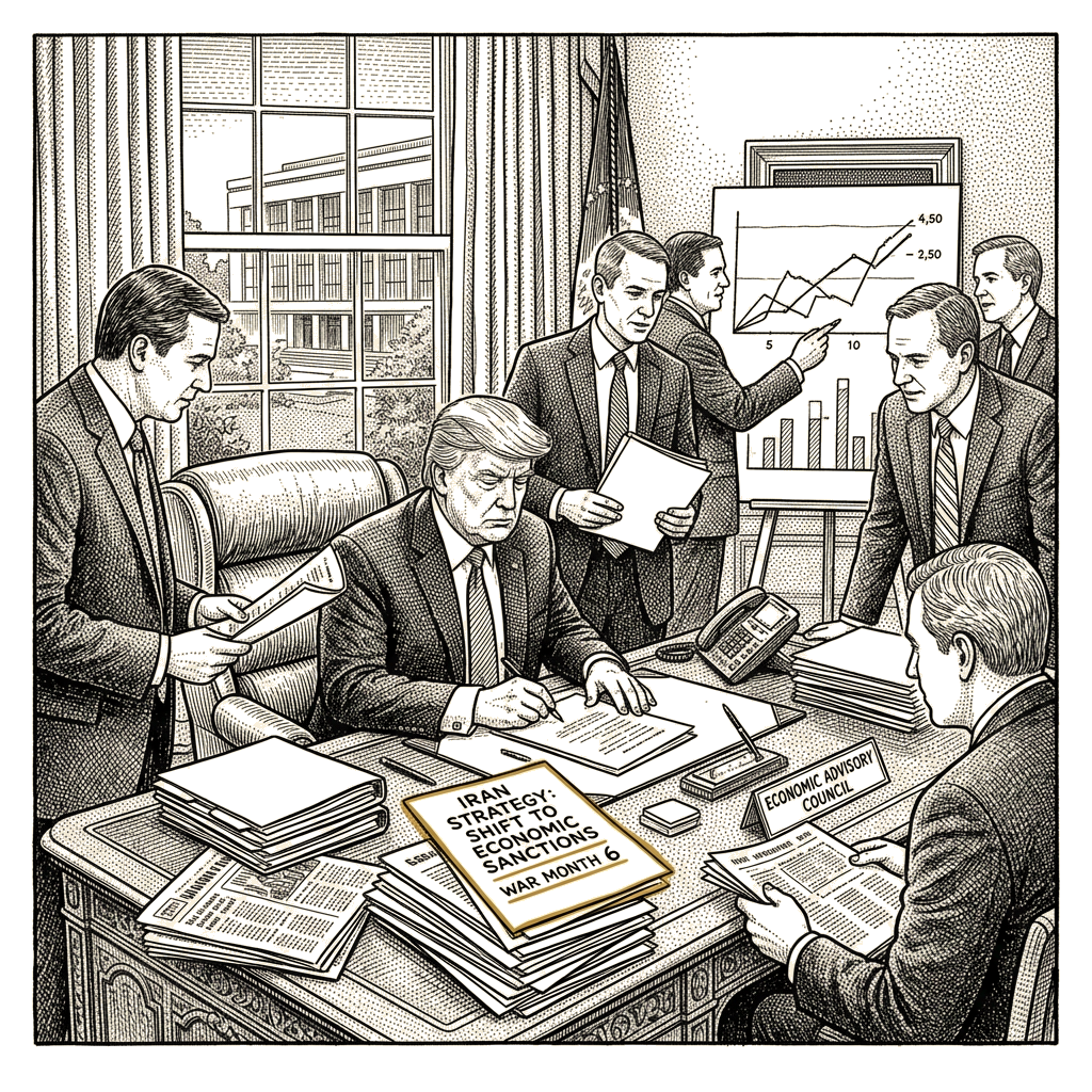 Illustration accompanying article: Trump shifts Iran strategy to sanctions as war hits six months
